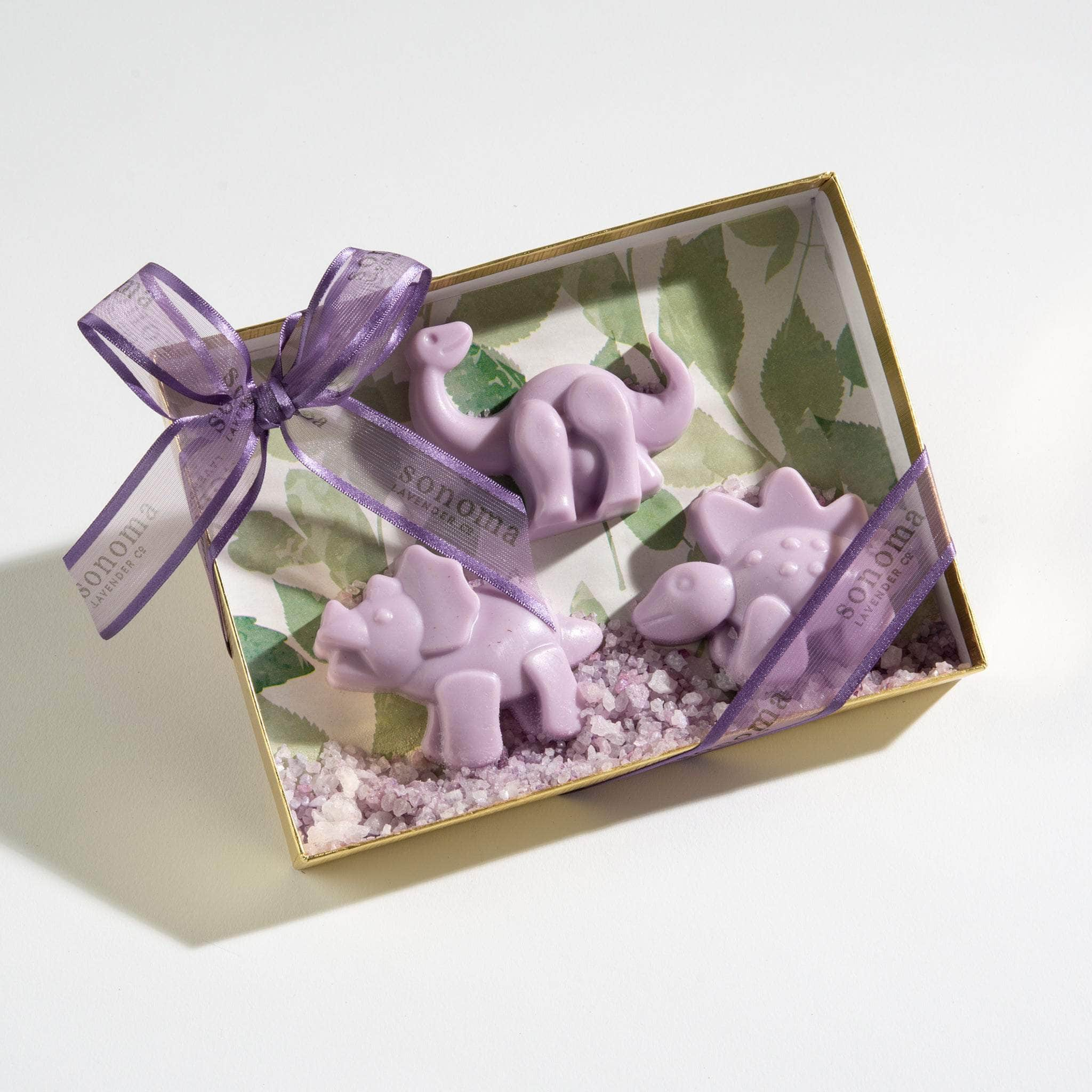 Delight kids with our Lavender Dinosaur Soap Gift Set, featuring three fun dinosaur shapes. Infused with soothing lavender, these gentle soaps provide a calming at-home spa experience, perfect for relaxation and pampering young ones.