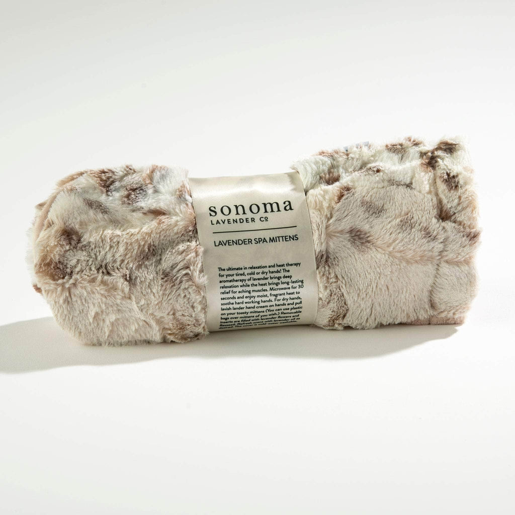 Cozy Lavender Spa Mittens with Arctic Circle Faux Fur infuse soothing lavender scent while providing warm, luxurious comfort for your hands, perfect for relaxation and self-care.