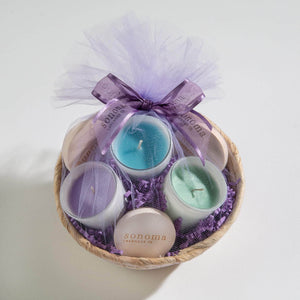 Create a calming at-home spa experience with our Votive Candle Trio, featuring soothing Lavender, invigorating Eucalyptus, and refreshing Ocean Aire scents. Made with soy wax, these candles promote relaxation and fill your space with peaceful, aromatic ambiance.