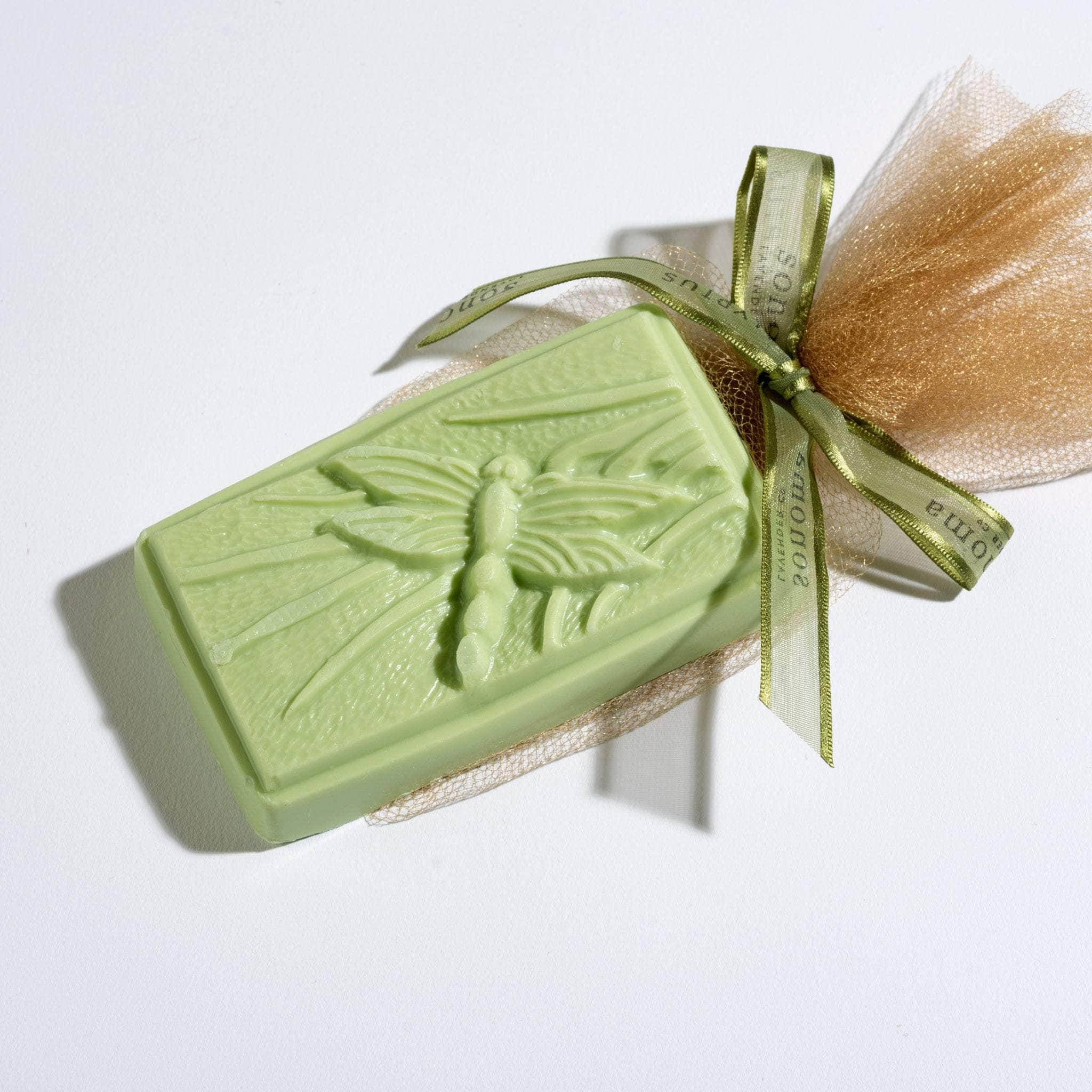 A handcrafted bar featuring a refreshing eucalyptus scent, beautifully adorned with a delicate dragonfly design, perfect for a soothing, luxurious cleanse.