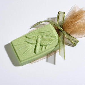 A handcrafted bar featuring a refreshing eucalyptus scent, beautifully adorned with a delicate dragonfly design, perfect for a soothing, luxurious cleanse.