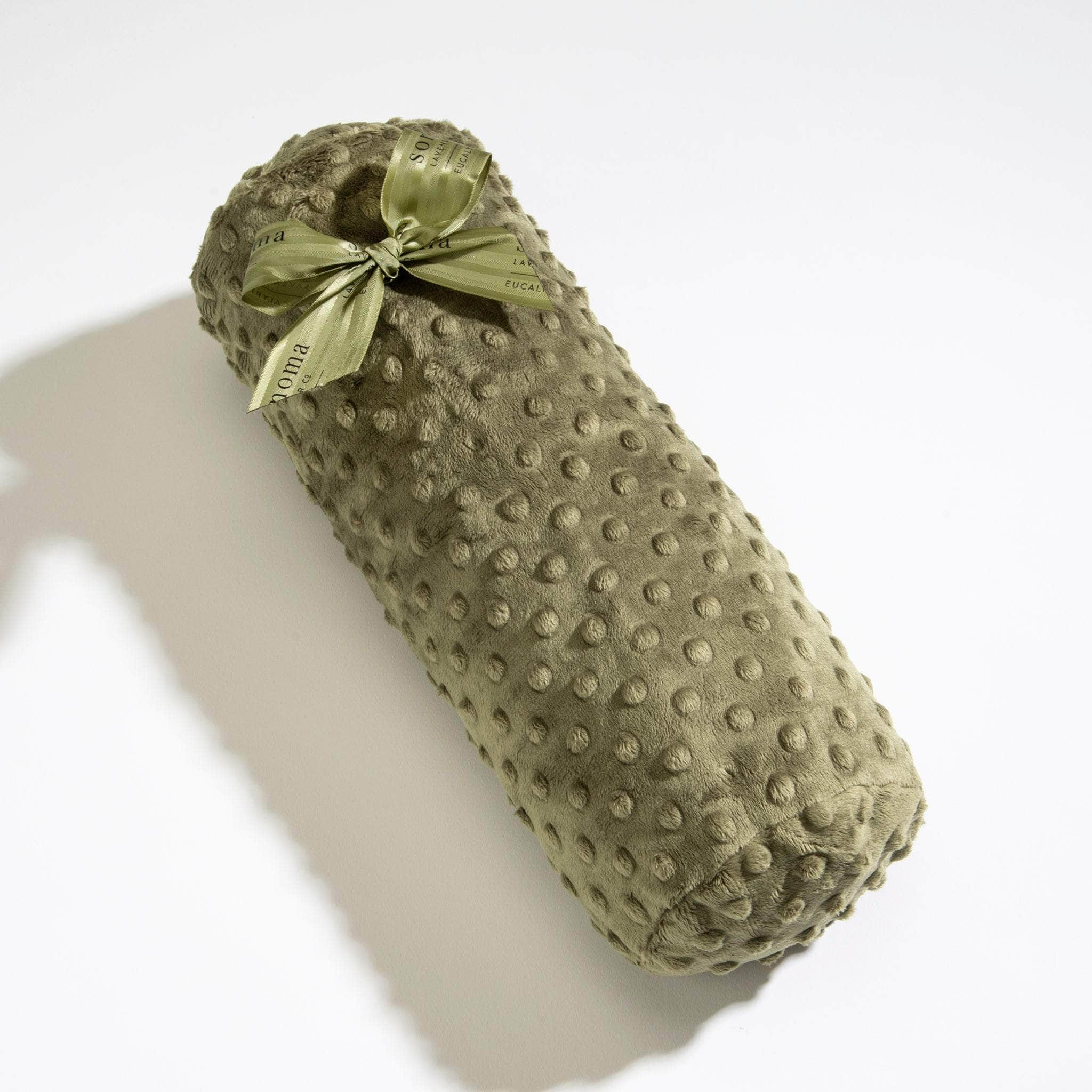 Heatable and chillable Eucalyptus bolster roll in green dot fabric, perfect for soothing comfort and relaxation.