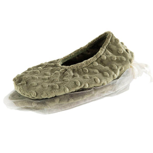 Heatable/chillable Eucalyptus footies in Green Dot fabric – soothing comfort for tired feet.